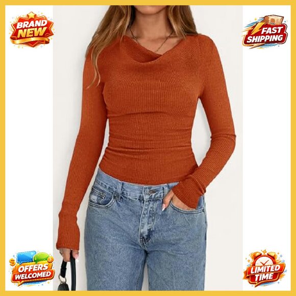 Long Sleeve Cowl Neck Ribbed Knit Slim Fit Ruched Crop Top Y2K - Picture 3 of 8
